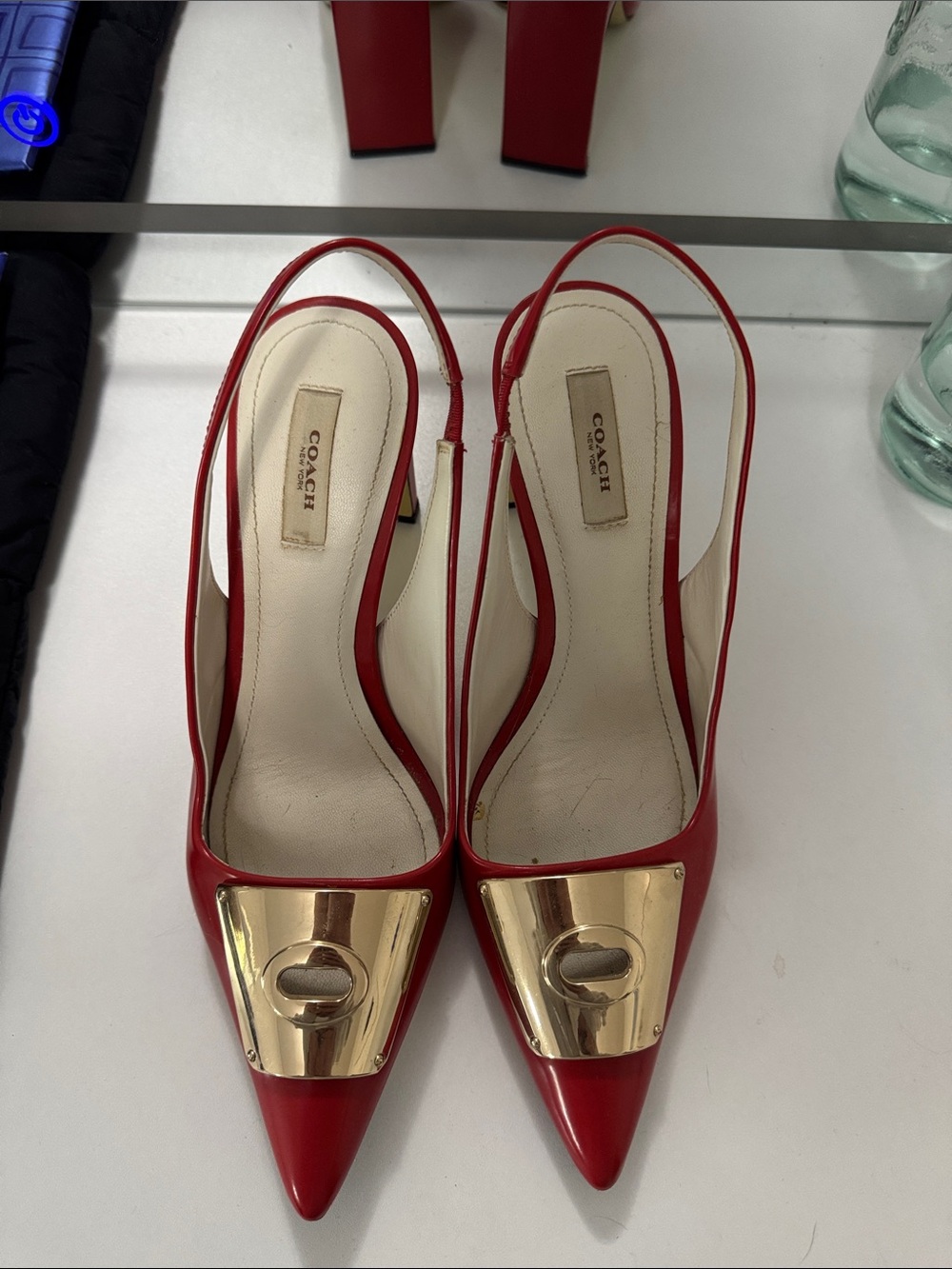 Coach Red Pointed-Toe Slingback Pumps with Gold Plate